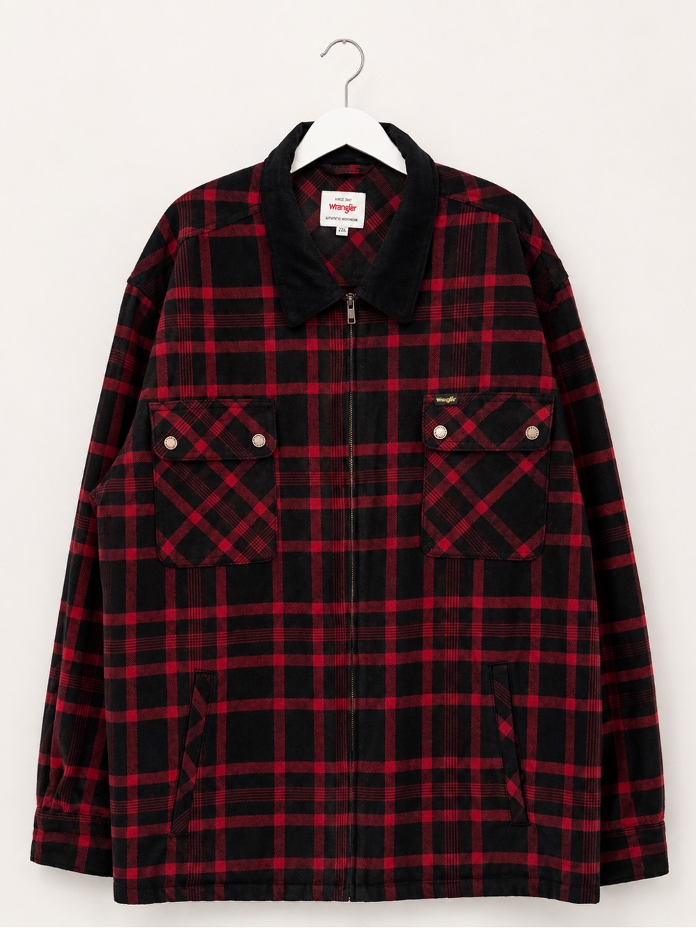 Wrangler XXL Red Black Plaid Workwear Jacket Corduroy Collar Utility